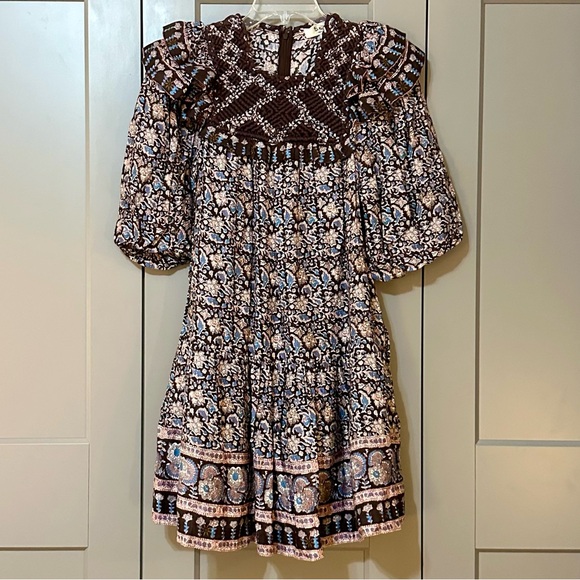 Sea Amaki Border Print Tunic Dress Macrame Puff Sleeve Ruffle Hem Womens Size XS - Picture 3 of 9